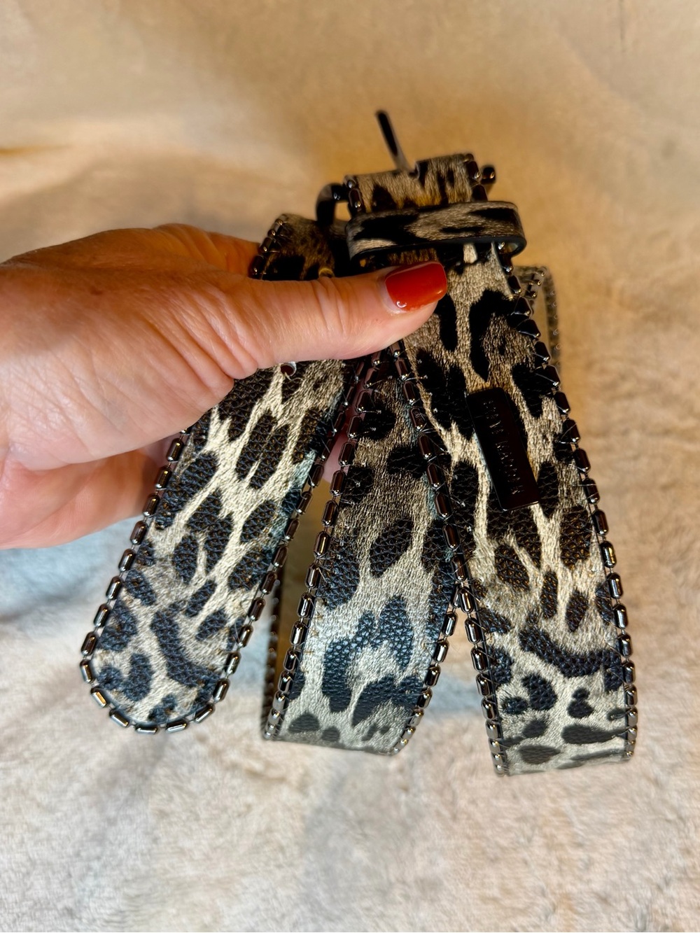 Steve Madden Leopard Print Chain-Trim Belt - Black & Cream